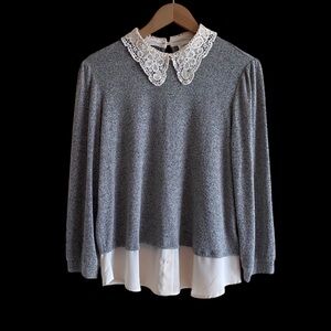 Faith & Joy Lace Collar Top Woman Medium Grey Stretch Lightweight Coquette Twee